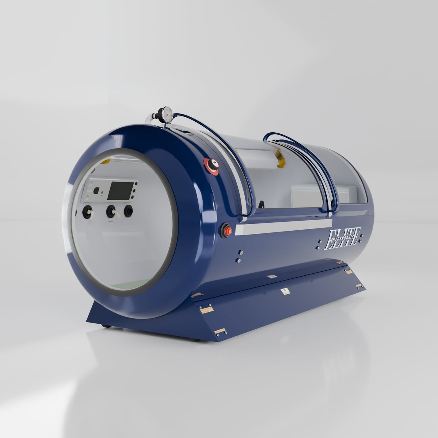 Navy blue Elite Ultra 2 hard-shell hyperbaric chamber, angled front view with control panel