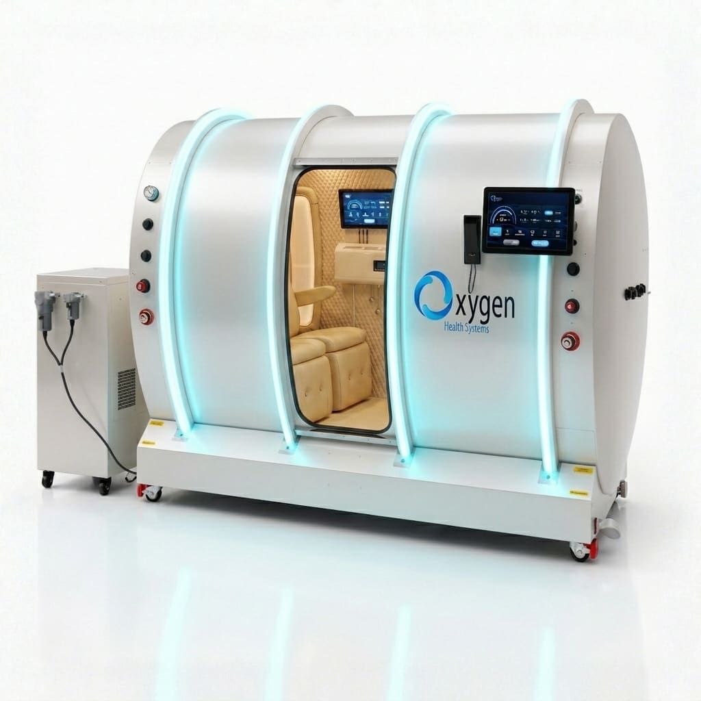 ESX64 multiplace hyperbaric chamber in pearl white with ice-blue LED lighting and the door open, showing the cream quilted interior