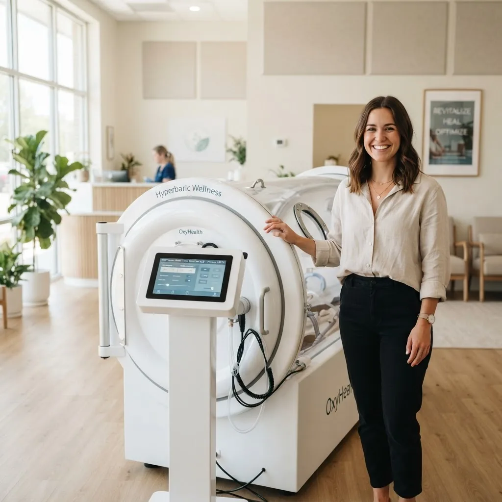 Woman standing beside a modern hyperbaric oxygen chamber