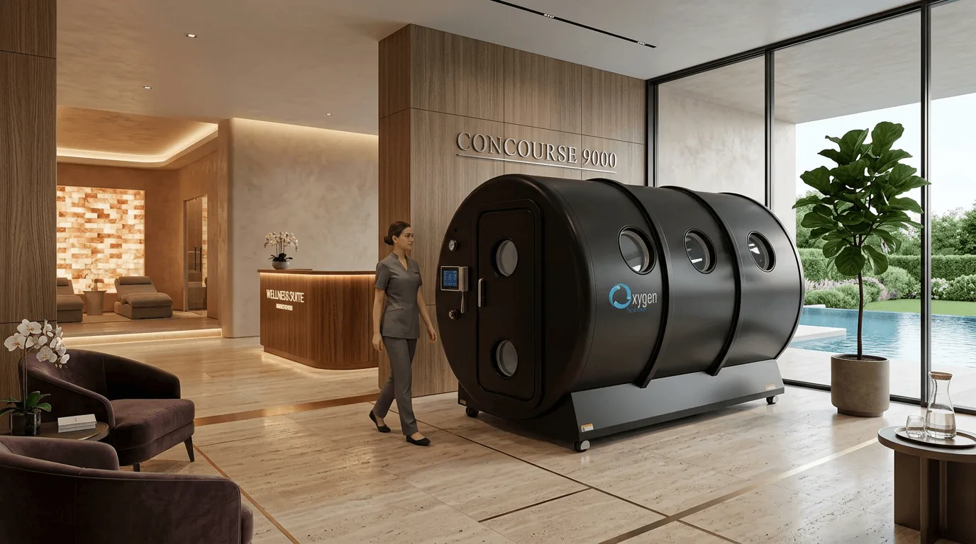 Concourse 9000 PVHO-1 certified matte black multiplace hyperbaric oxygen chamber in a luxury spa wellness suite