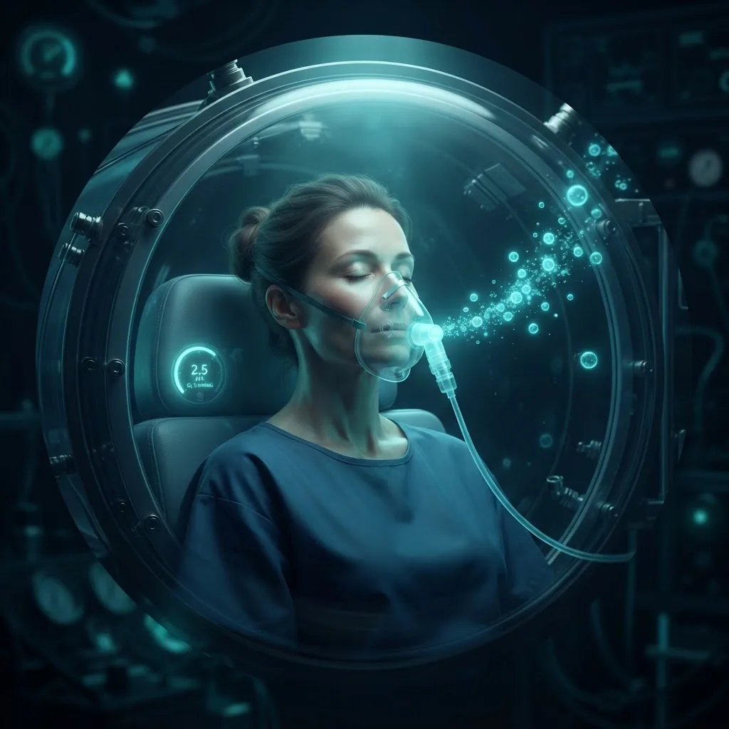 Person breathing oxygen through a mask inside a hyperbaric chamber