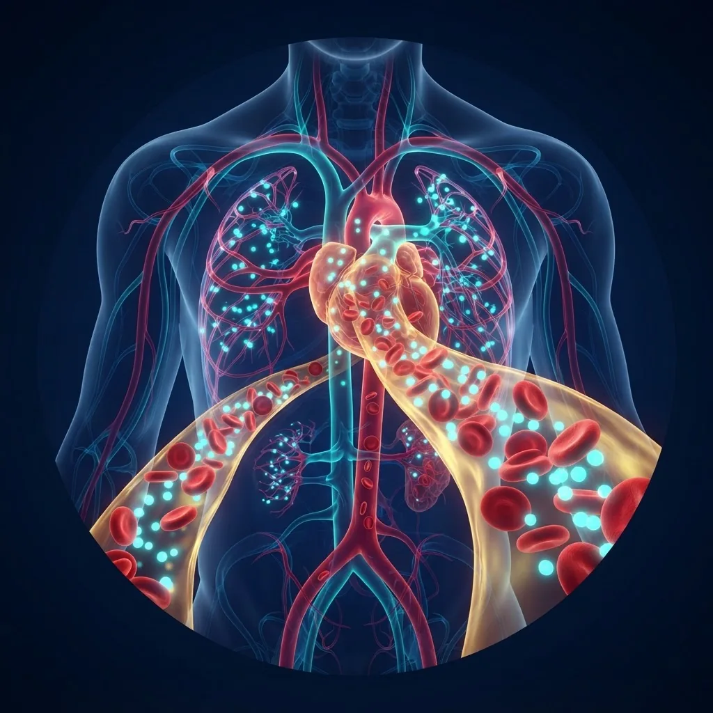 Glowing human circulatory system carrying oxygenated blood