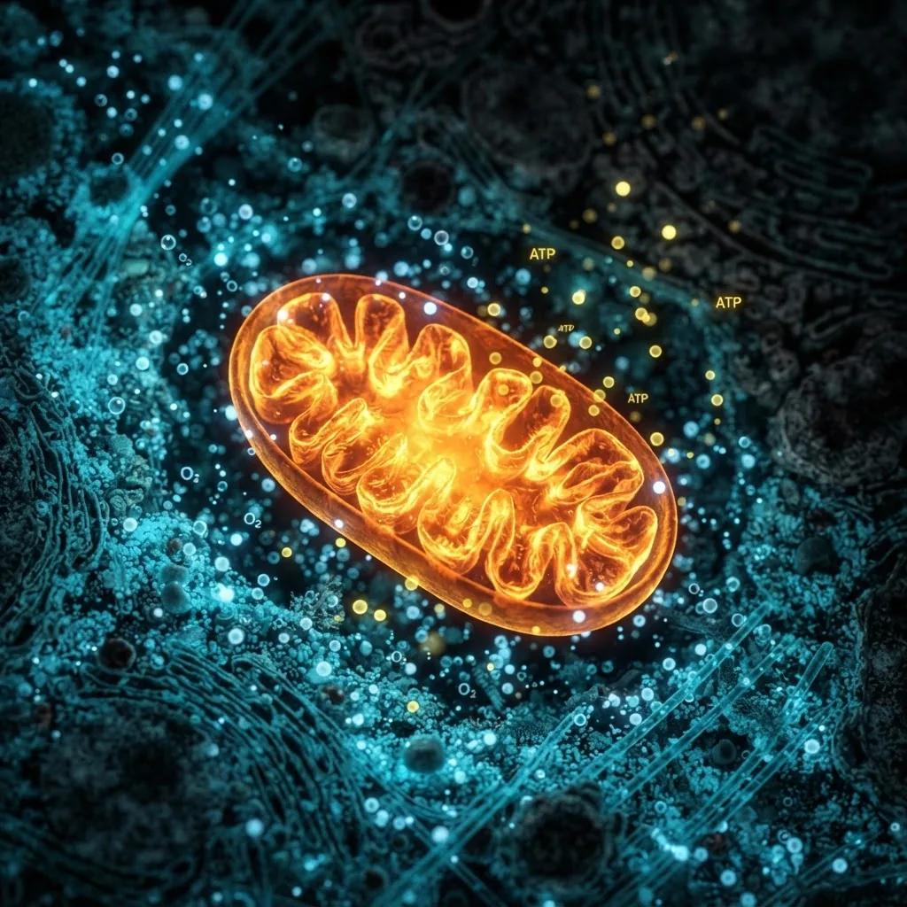 A mitochondrion inside a cell producing energy from oxygen
