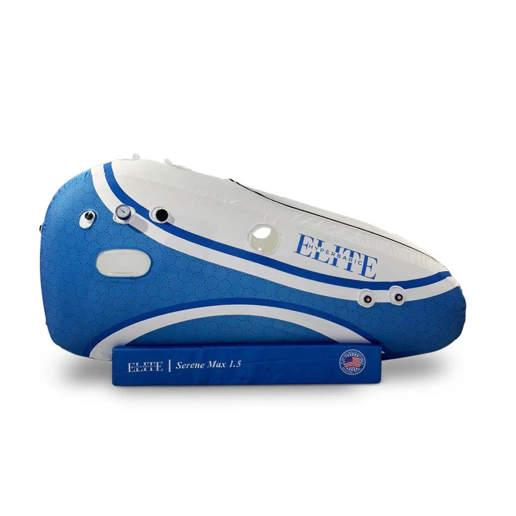 Blue and white Elite Hyperbaric Serene Max 1.5 soft-sided chamber on its base