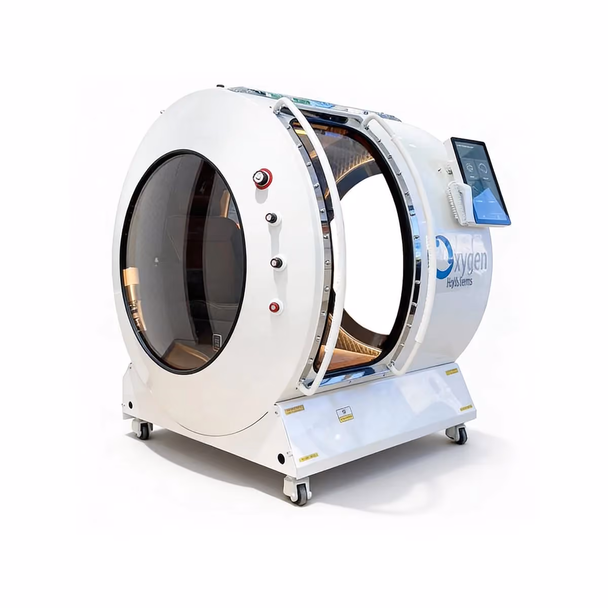 Vital Sphere 360 round white hard-shell hyperbaric chamber shown from a diagonal angle with its viewing window and touchscreen control panel