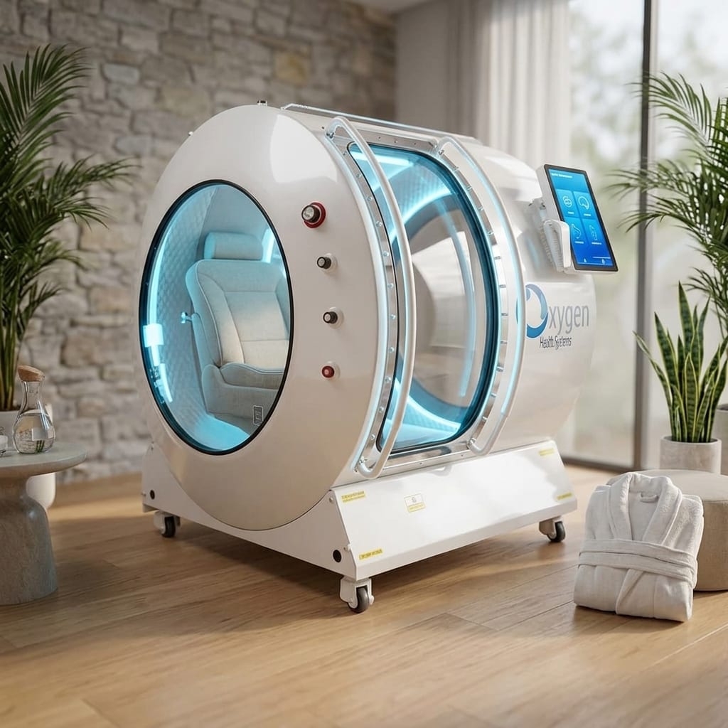 Vital Sphere 360 pearl white hard-shell hyperbaric oxygen chamber with illuminated round viewing windows and touchscreen panel, in a spa room with a stone wall, plants and a folded robe