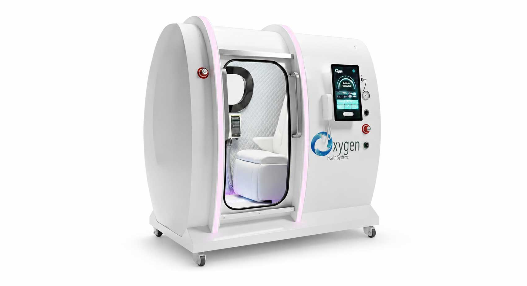 XLS35D white hard-shell hyperbaric chamber with the door open, showing a seated interior and touchscreen control panel