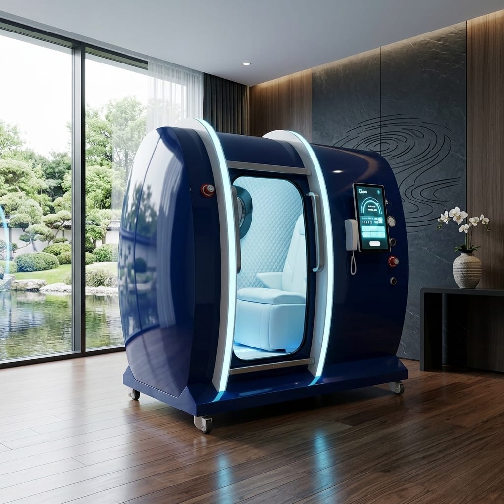 Executive XLS-35D navy blue hard-shell hyperbaric oxygen chamber with white reclining seat and touchscreen control panel, in a modern room overlooking a garden pond